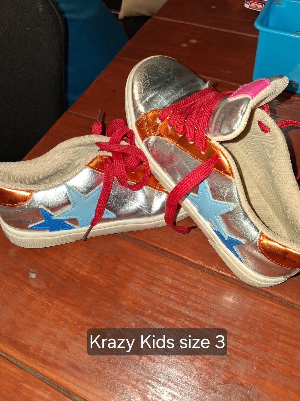 Silver Metallic Star Sneakers with Blue Accents